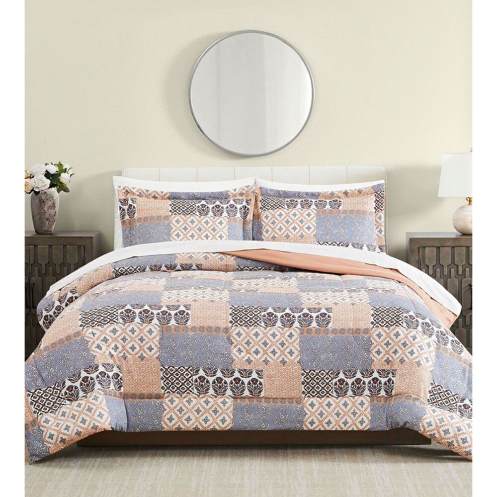 KING Patchwork Reversible Comforter Set Polyester w/Pillow Shams Blue Beige NEW